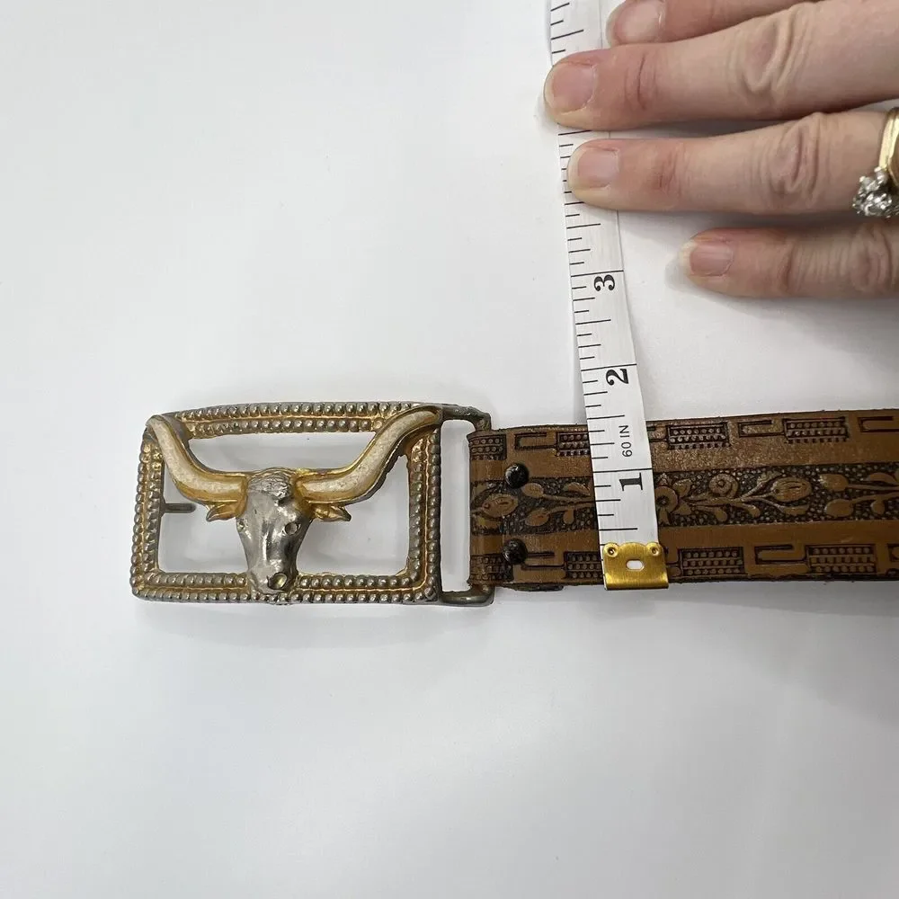 VTG Boys 60s BULL LONGHORN FABIL Tooled Steerhide Leather Western COWBOY Belt 28